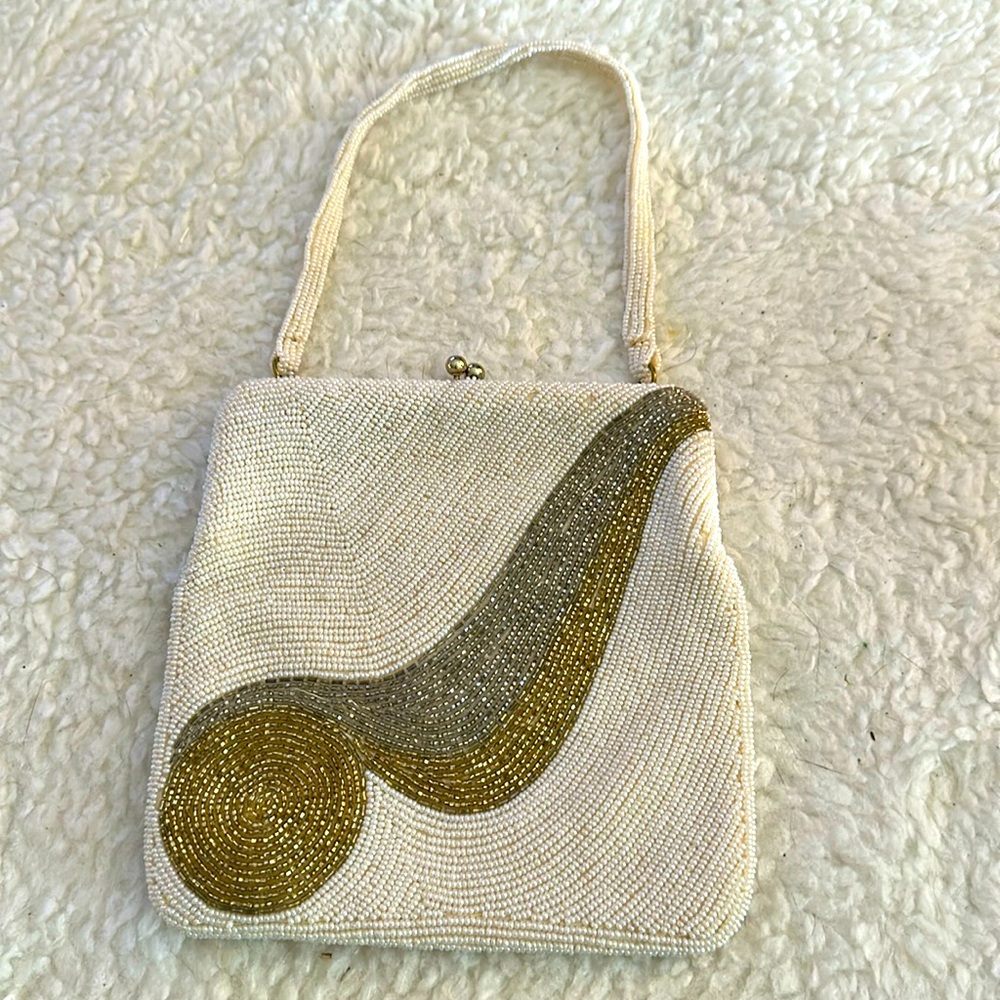 VTG 60s Beaded Clutch Silver Glass Seed Bugle Evening Cocktail Walborg Purse Bag